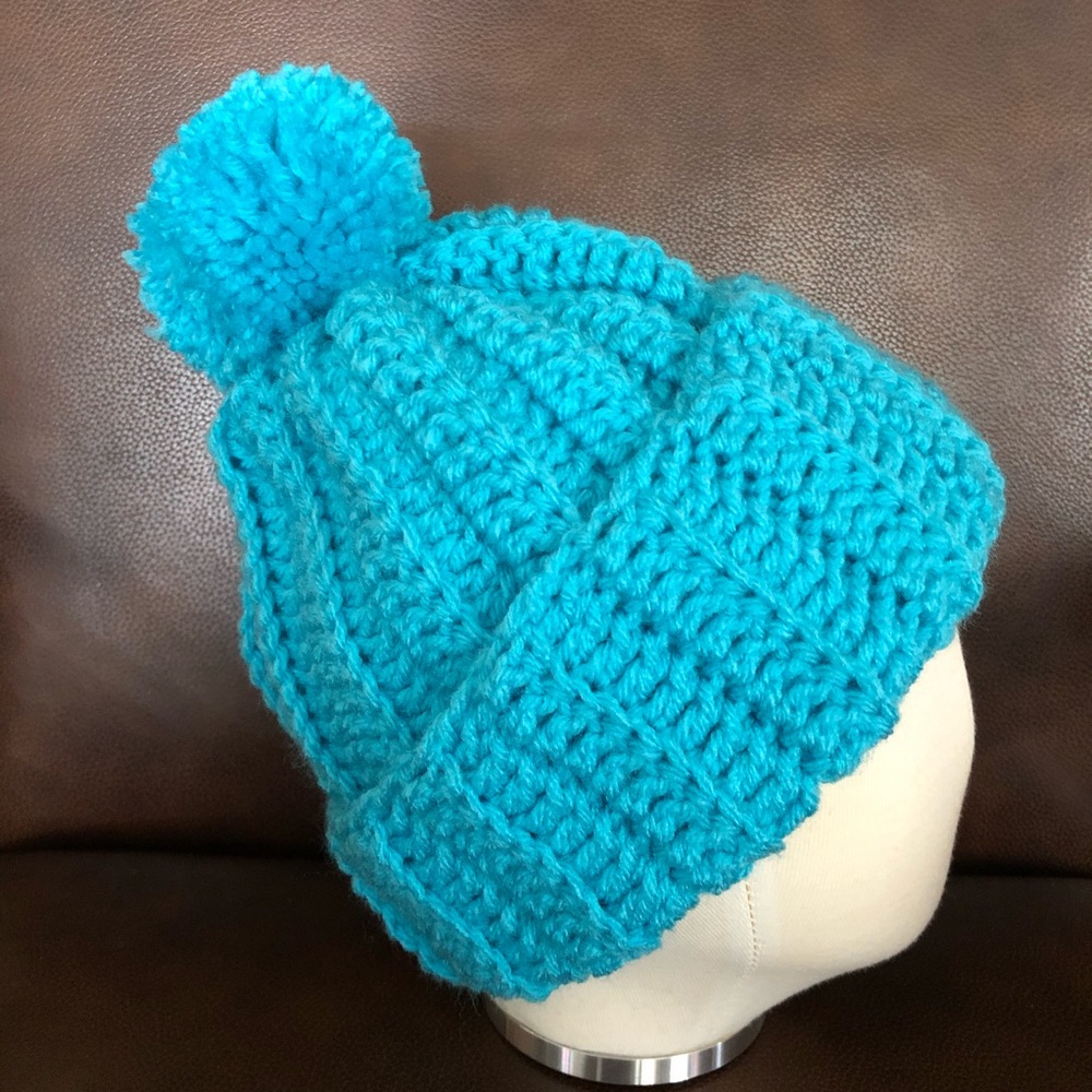 Turquoise toddler Pom Pom beanie handmade